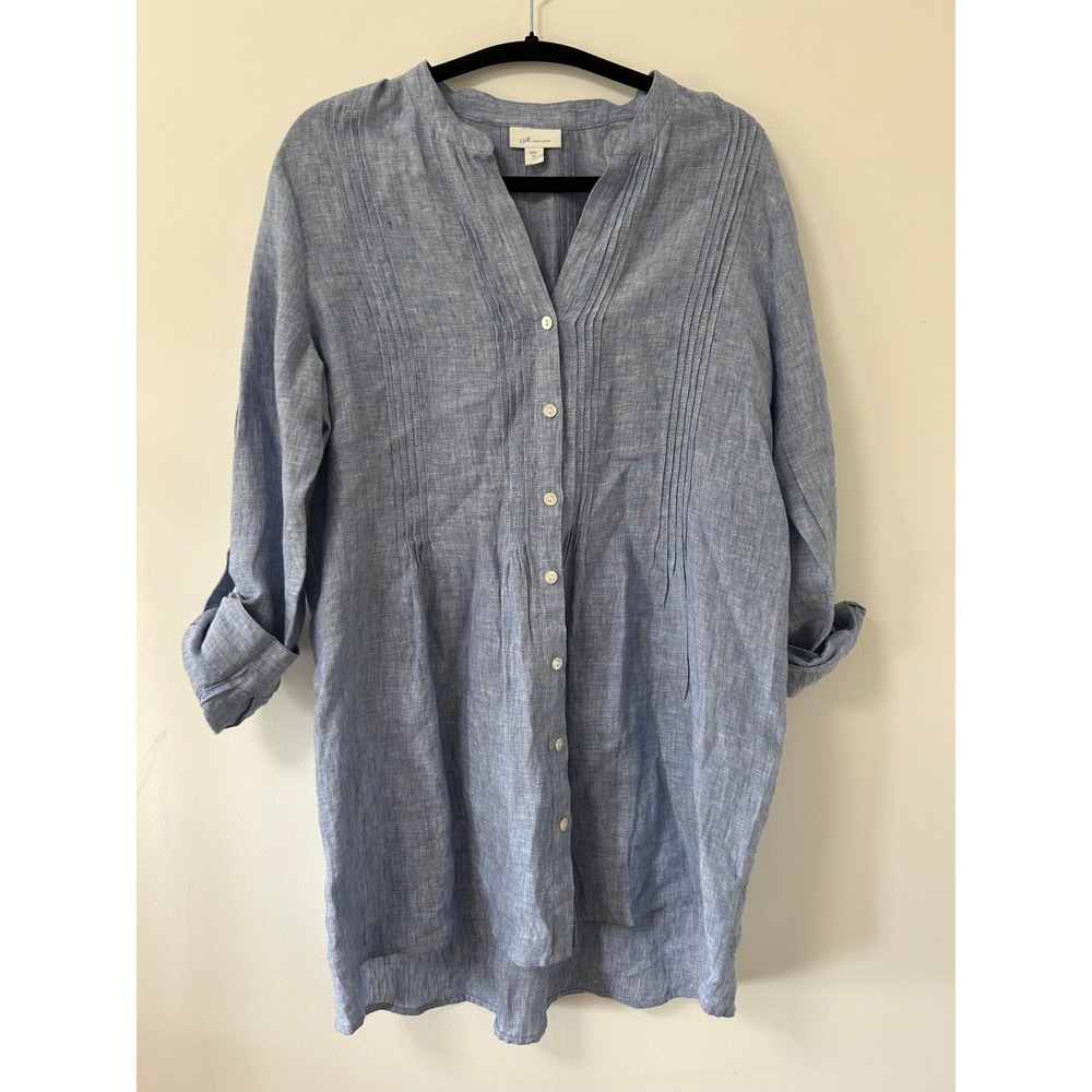 J. Jill Love Linen Blue Pintuck Button Front Tunic Shirt Womens Med Long Sleeve